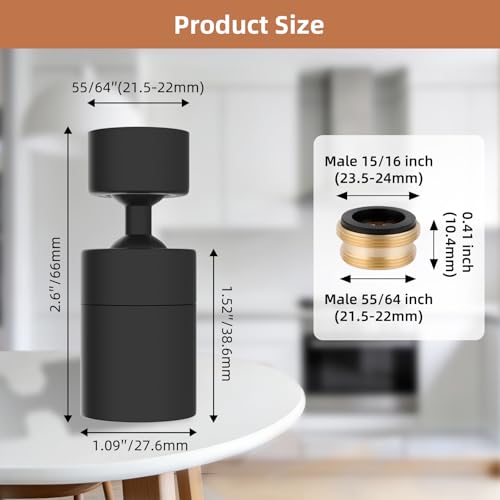 Hibbent Faucet Aerator, 360 Degree Kitchen Sink Faucet Aerator, Dual-function Swivel Big Angle Kitchen Faucet Attachment, Faucet Replacement Part, Matte Black - color: Matte Black, style: Dual Modes