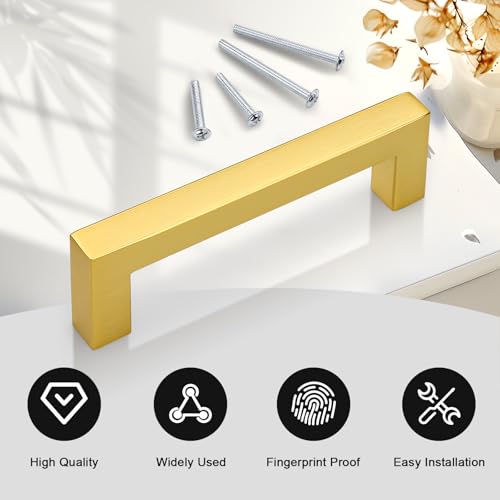 Probrico Gold Cabinet Handles 3-3/4 Inch(96mm) Hole Centers Drawer Pulls Stainless Steel Kitchen Cabinet Handles Golden Square Drawer Handles Modern Cabinet Hardware 10 Pack - color: Gold, size: hole center 3-3/4"