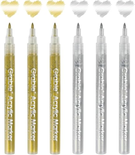 Grabie 0.7 mm Acrylic Paint Markers, Pack of 6 gold & silver Pens - color: Gold&Silver
