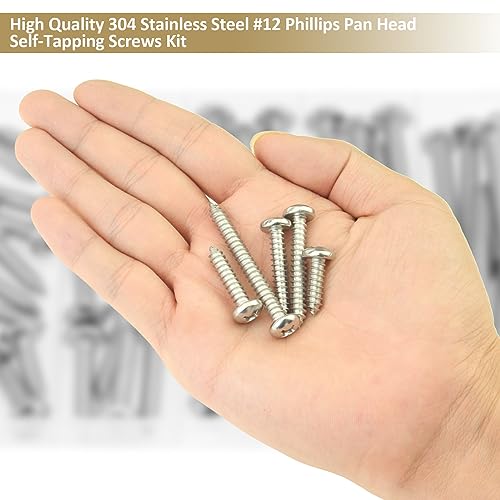 52 Pieces #12 x 3/4" 1" 1-1/4" 1-1/2" 2" Phillips Pan Head Self-Tapping Screws, Wood Screws Assortment Kit, 304 Stainless Steel - size: #12