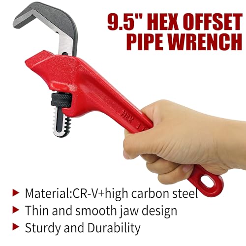 9-1/2 Inch Offset Hex Adjustable Pipe Wrench, CR-V Hook Jaw, 1-1/8 to 2-5/8 Inches