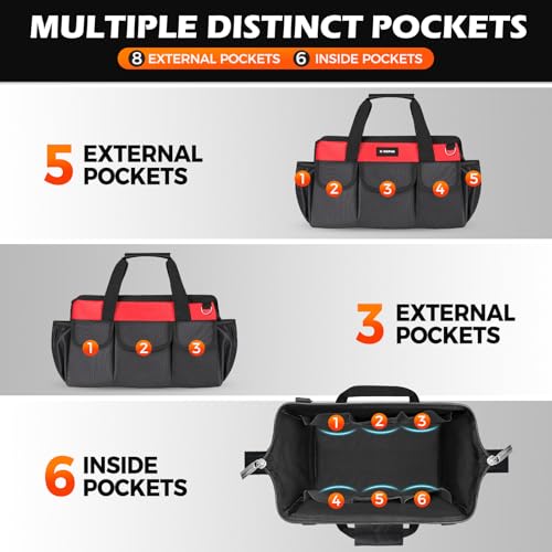 Kingfun 16 Inch Heavy Duty Wide Mouth Tool Bag with 14 Pockets - color: Red