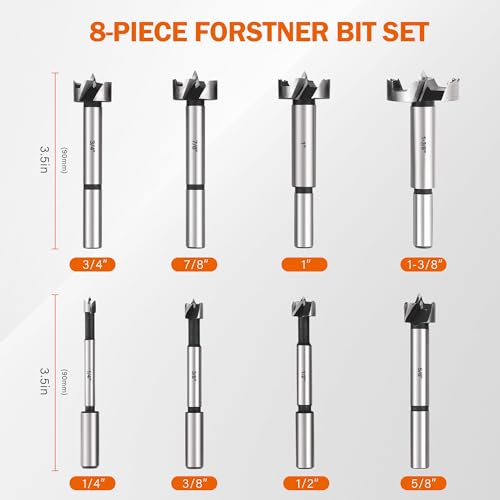 KENDO Forstner Bit Set, 8-Piece Alloy Steel for Woodworking | Round Shank Forstner Drill Bits for Hardwood, Softwood, Plastic, Plywood with Case, 1/4" to 1-3/8" - style: 8 Piece