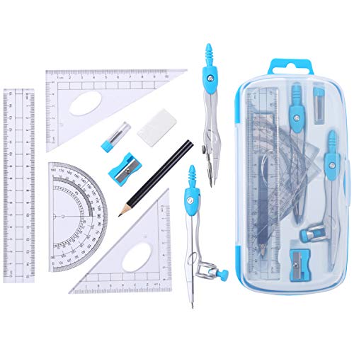 Unjoo Math Geometry Set 10 Pcs, Compass and Protractor for Students(Blue) - color: Blue
