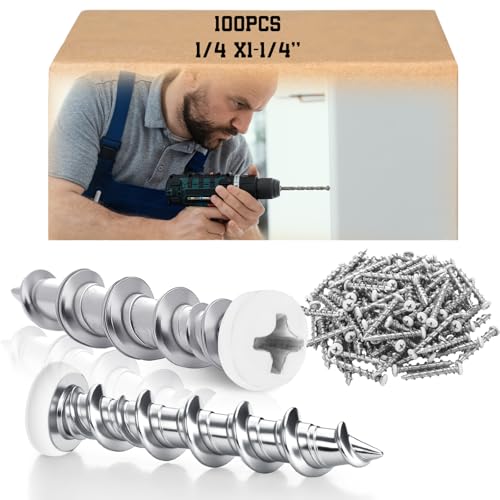 Blulu 100 Pcs Drywall Anchors 1/4 X 1-1/4 Inch White Self Drilling Screws - color: White, size: 1/4 x 1-1/4 Inch