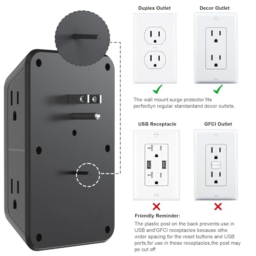 JcBlaon 3 Pack Outlet Extender Surge Protector, 6 Outlet Splitter with 4 USB Ports (2 USB C),1050J 3-Sided Multi Plug Wall Outlet, USB Wall Charger for Home Office Kitchen Travel（Black）-ETL - color: Black 3PCS