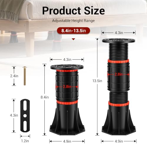 LOSCHEN 4 PCS Adjustable Bed Support Legs with Metal Fixing Accessories, 8.4-13.5 Inch，Heavy Duty Bed Frame Support Feet,Bed Support Reinforcement Parts Bed Slats Support Leg Bed Replacement Legs - size: 8.4-13.5 inch (4pcs)