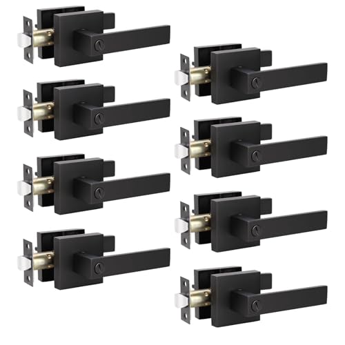 KNOBWELL 8 Pack Matte Black Interior Privacy Door Knob, Bedroom Doorknob with Lock, Square Lever Door Handle, Heavy Duty Black Lever Handle