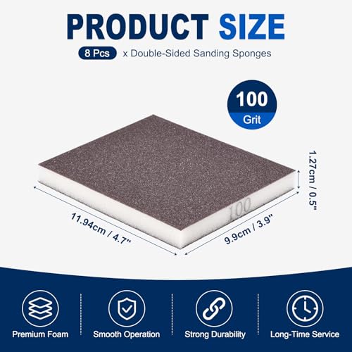 8Pcs 100Grit Double-Sided Sanding Sponges, Washable & Reusable - size: 100Grit