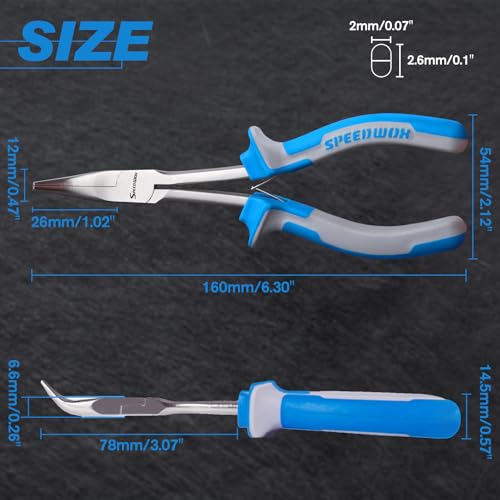 SPEEDWOX Long Reach Bent Nose Pliers 6 Inches 45 Degree Curved Mini Chain Nose Smooth Tapered Jaws Precision Fine Pliers for Hard to Reach Narrow Spaces High Leverage Reduce Efforts Non-slip Handle - style: Bent Nose Pliers