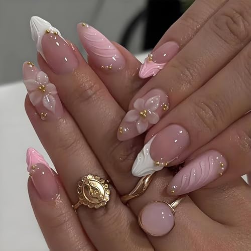 24Pcs Press on Nails Almond - Medium French Tip 3d Fake Nails with Embossed Flower Designs, Glossy Finish Reusable False Nails with Glue Tabs - 24Pcs Nail Kit (pink french tip flower) - color: pink french tip flower