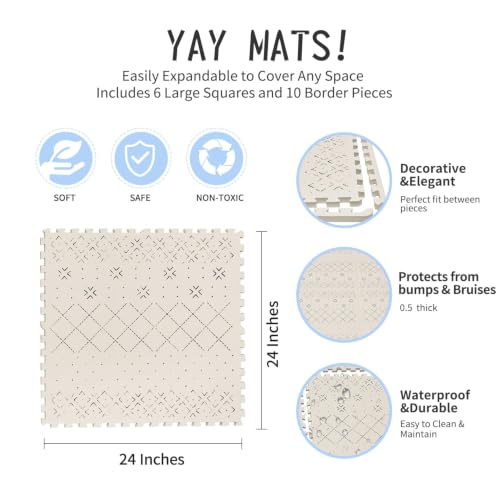 Yay Mats Stylish Extra Large Puzzle Play Mat, Thick, Soft, Non - Toxic Foam Covers 6 ft x 4 ft. Expandable Tiles with Edges - EVA Foam Play Mat for Floor (Carter Mudcloth Tan) - color: Carter Mudcloth Tan