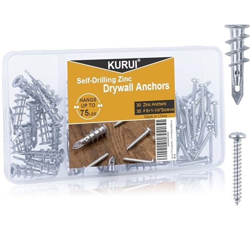 KURUI #8 Zinc Self-Drilling Drywall Anchors, 60PCs Hollow Metal Wall Anchors and Screws Kit, 30 Heavy Duty Anchors + 30#8 x 1-1/4'' Screws, 75LB Hanging and Mounting