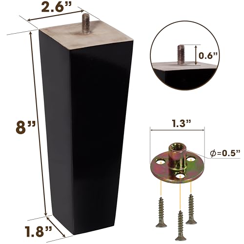 BARIEN 8 inch Wood Furniture Legs - Square Sofa Legs, Couch Leg - Brown Mid-Century Modern Replacement Legs for Armchair Recliner Coffee Table Dresser (Set 4, 8") - size: 8"