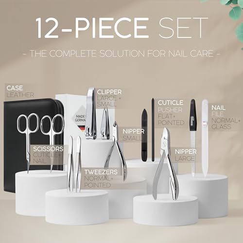 Manicure Set Women and Men – 12-Piece Professional Grooming Kit with Premium Tools, Genuine Leather Case, and exclusive Glass Nail File for Hand & Foot Care, German Quality - color: Black Nappa