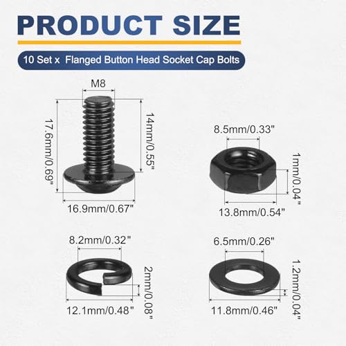 M METERXITY 10 Set M8 x 14mm Flanged Button Head Socket Cap Screws, Black 304 Stainless Steel 18-8 Hex Socket Head Screws Bolts, Nuts, Flat & Lock Washers for DIY, Furniture, Automotive - size: M8 x 14mm