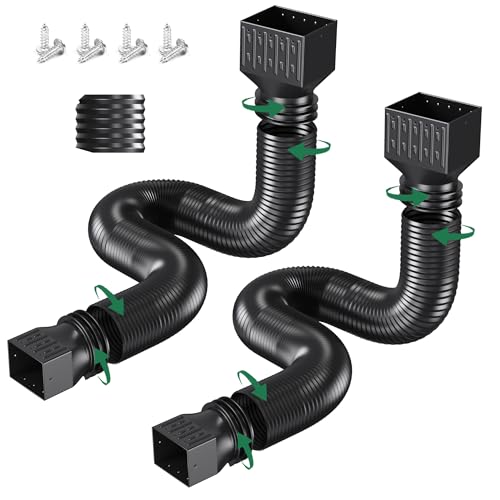 2 Pack Rain Gutter Downspout Extensions, Upgraded Flexible Drain Down Spout Extender for Rain Water Drainage, Each Extendable from 20" to 66", Combine to 10 ft with Connector(Black) - color: 2 Pack Black