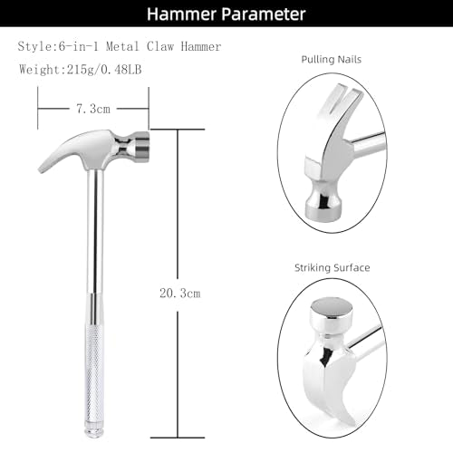 Mini Metal Hammer 6 in 1 with Slotted/Flat Head Phillips Screwdriver Claw Hammer Manual, Portable Multifunction Tool Hammer (Silver) - color: Silver