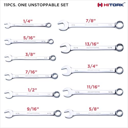 Hitork 11 Piece Combination Wrench Set with Roll Pouch, SAE Sizes (1/4" - 7/8"), Drop Forged Cr-V Steel, Chrome Plated Mirror Finish, 12 Point Box End, 15° Offset, Exceeds ANSI Standards