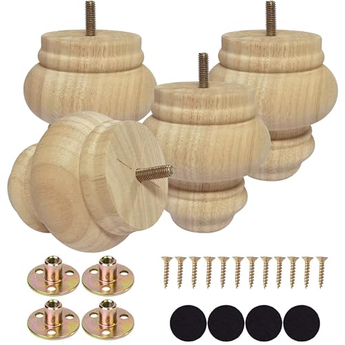 4 Inch Wooden Bun Feet Sofa Replacement Parts Round Furniture Legs Unfinished Sofa Couch Chair Ottoman Replacement Legs Solid Wood Cabinet Legs Set of 4 (4 inch Unfinished) - size: 4 inch Unfinished