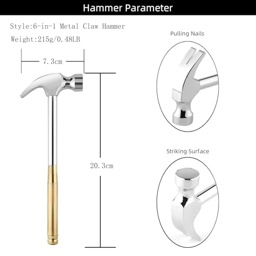 Small Metal Hammer 6 in 1 with Slotted/Flat Head Phillips Screwdriver Claw Hammer Manual, Portable Multifunction Tool Hammer (Gold Silver) - color: Gold Silver