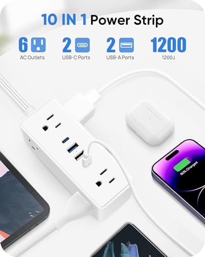 Electrical Outlet Extender Stick, Features 4 USB & 6 Outlets - color: White, size: 39in
