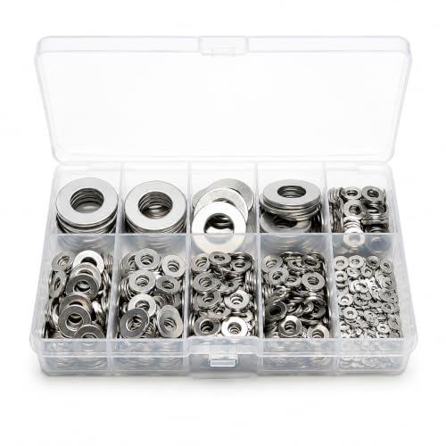 1000PCS Flat Washer Assortment Kit – Stainless Steel,9 Sizes (M2 M2.5 M3 M4 M5 M6 M8 M10 M12) for Screws, Bolts, Industrial, DIY, Furniture & Automotive Projects