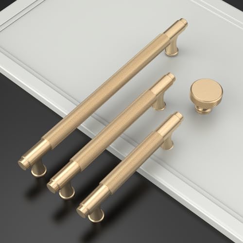 10 Pack Brushed Gold Knurled Cabinet Knobs Round Drawer Pulls - color: Brushed Gold