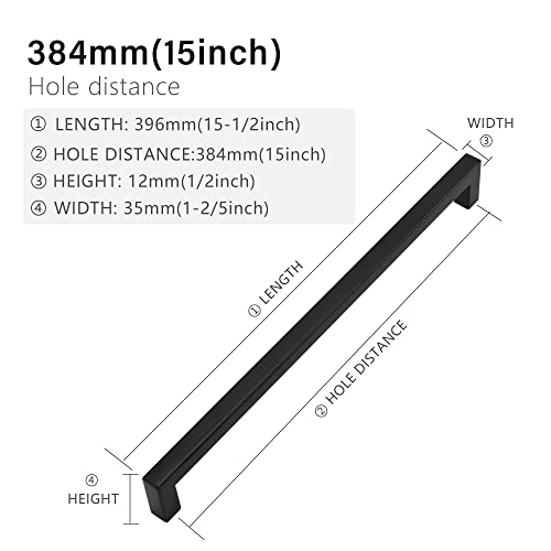 Cabinet Pulls Matte Black Cabinet Handles Square Drawer Pulls, 5 Pack 15 Inch Stainless Steel Kitchen Door Cupboard Cabinet Handles, Drawer Hardware Handles, 384mm Hole Centers - size: 15 inch Hole Centers(384mm)