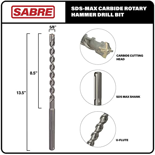 Sabre Tool 5/8 Inch x 13 Inch SDS MAX Rotary Hammer Drill Bit, U-Flute, Carbide Tipped for Brick, Stone, and Concrete (5/8inches x 8.5inches x 13 - size: 5/8" x 13"