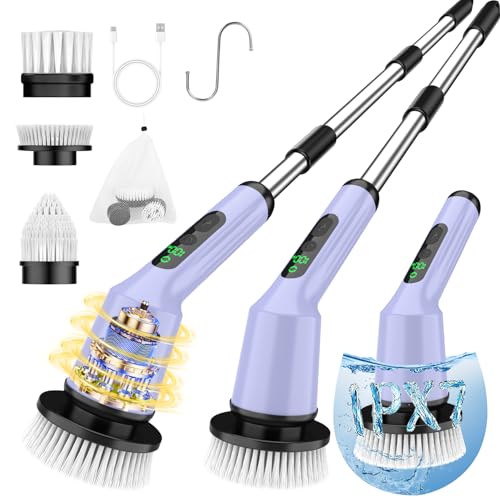 Electric Spin Scrubber for Bathroom, Shower Scrubber with Long Handle - color: Purple, size: 3 Brush Heads