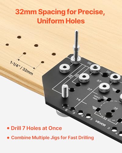 VEVOR Shelf Pin Jig and Hinge Jig Two-in-One, Aluminum Alloy Cabinet Hardware Hole Drilling Template with 1/4" and 3/16" Drill Bits, for Cabinet Doors Bookshelves Wardrobes Woodworking and DIY - size: Pro, style: Shelf Pin & Hinge Jig