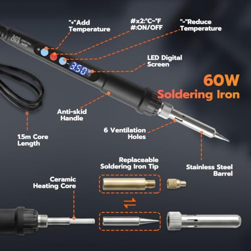 Heat Set Insert Tools kit with 60W Soldering Iron & 380 Pcs Threaded Insert - size: ZW380