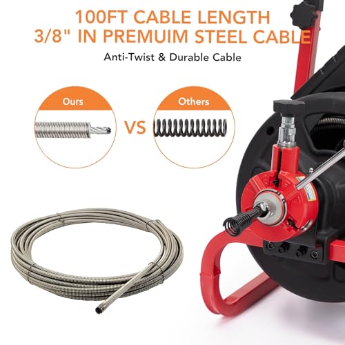 Drain Cleaner Machine, 100 ft X 3/8 in Drain Auge, Auto-feed Professional 6.8A Electric Drain Auger, Air-Activated Foot Switch, w/ 6 Cutters, Gloves, Cleaner Sewer Snake - style: 100FT 3/8"