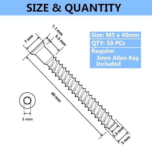 M5 x 40mm Confirmat Screws Black 50 PCs, Hex Socket Drive Countersunk Furniture Connecting Self-Tapping Screw Set Carbon Steel Zinc Plated - color: Black, size: M5x40mm