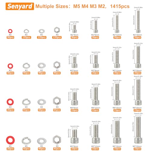 M2 M3 M4 M5 Nuts and Bolts, 304 Stainless Steel Metric Bolt Assortment (Lock & Flat Washers),Metric Screw Assortment, Socket Head Cap Screws, Metric Bolts and Nuts Assortment Kit, 1415pcs - size: M2M3M4M5, style: socket head cap