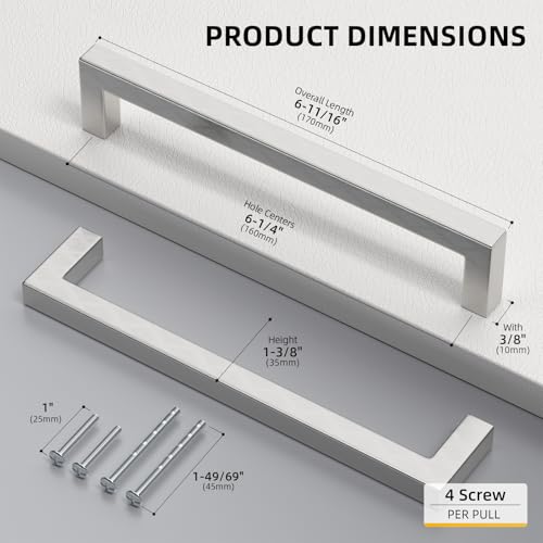 Goldenwarm Brushed Nickel Cabinet Pulls 20 Pack 6-1/4 Inch, Square Drawer Handles, Stainless Steel, Screws Included, Silver Kitchen Hardware for Cupboard Closet Furniture Upgrade - size: 6-1/4In(160MM) Hole Centers