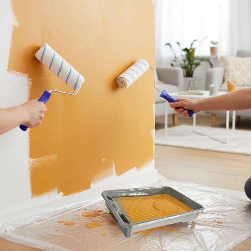 12PCS Paint Tray Set, 1 x 9 Inch Paint Roller Tray, 10 x Disposable Tray Liners and 1 x Roller Frame for Painting Walls, Ceilings, Trim, Siding