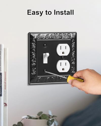 2-Pack Paisley Pattern Metal Combo Toggle/Duplex Light Switch Cover Plate | Decorative Wall Outlet Cover Plate, 2 Gang Metal Wall Plates for Electrical Outlets, Light Switch, Matte Black - color: Black, size: 1 Toggle/1 Duplex 2PK