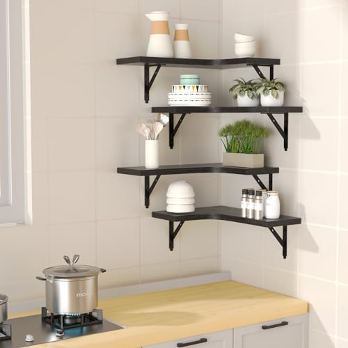 ROMGUAR CRAFT Corner Floating Shelves Wall Mounted Set of 4, Black - color: Black