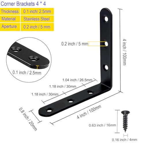 4 Pcs Black L Bracket Corner Braces Stainless Steel 4" x 4" Shelf Bracket for Wood, Shelves, Furniture, 90 Degree Support Joint Right Angle Brackets 100x100mm - size: 4PCS-Black 100*100mm/4*4in