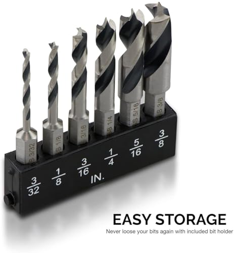 NEIKO 11401A 6 Piece Brad Point Drill Bit Set, Stubby Drill Bit Set for Wood, 1/4" Quick Change Hex Shank, HSS 4241 High Speed Steel for Quick Change Chucks and Drives, Drill Bit Holder Included - size: 6 Piece, style: Stubby