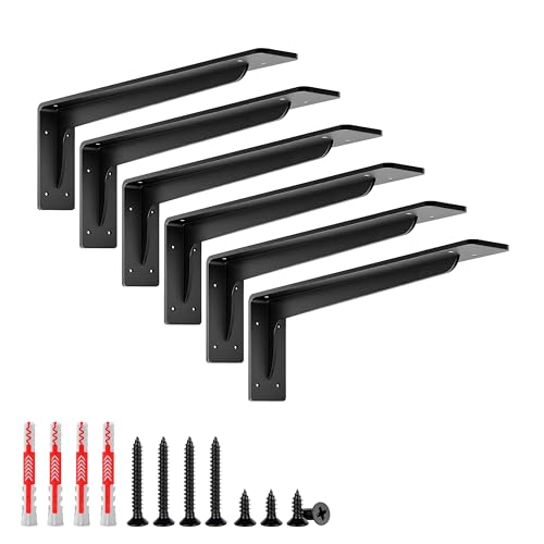L Shelf Brackets, Heavy Duty Metal L Bracket,14 x 5.6 in Floating Shelf Bracket, 300 lbs Capacity,Matte Black Wall Mount Countertop Support Bracket with Mounting Hardware for Home, Garage,6 Pack - size: 14*5.6 Inch