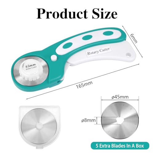 45mm Rotary Cutter for Fabric with 5 Extra Blades, Roller, with Safety Lock - color: Teal