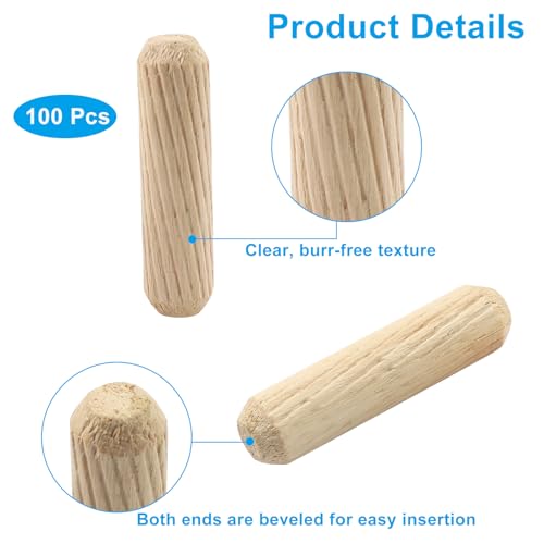 100 Pack Wooden Dowel Pins ,Wood Grooved Plugs Pin Hardwood Fluted Dowels for Furniture Woodworking Crafts, DIY Carpentry(M6x30mm+M8x30mm+M10x40mm)