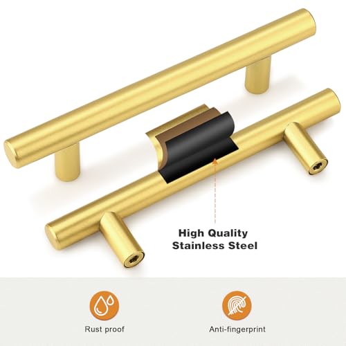 Probrico 30 Pack 3-3/4 Inch Center-to-Center Kitchen Cabinet Pulls T Bar Gold Cabinet Handles Modern Drawer Hardware Dresser Pulls, 6 Inch Total Length - color: Gold, size: hole center 3-3/4"