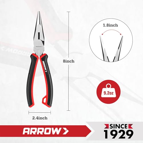 ARROW Needle Nose Pliers, 8-inch Long Nose Cutting Pliers with Wire Cutter - size: 8 Inch