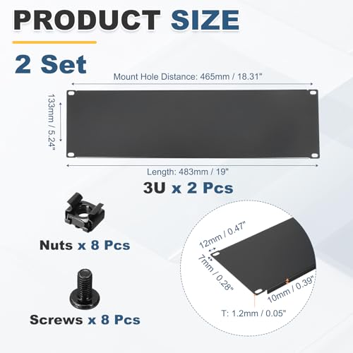 1 Set 3U Blank Panel, Metal Rack Mount Filler Panel Kit with Screws and Nuts for 19 Inches Network Enclosure Server Rack Cabinet Cable Accessories, Black - size: 133.5mm (3U)