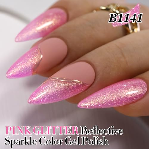 Double Rhythm 15ML Glitter Gel Polish Shimmer Reflective Holographic Color Magnetic for Nail Art Salon DIY at Home (Hot Pink-B1141) - color: Pink