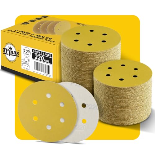 100PCS 6 Inch 220 Grit 150mm 6 Hole Sanding Discs Sandpaper - Premium Gold Round Hook and Loop for Random Orbital Sander - Ideal for Wood, Metal, Automotive - style: 220 Grit - 100 Pack